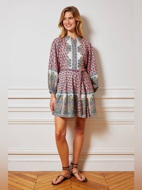 Charina Sarte Namaste Mini Dress Pink Blue Boho Paisley Print XS